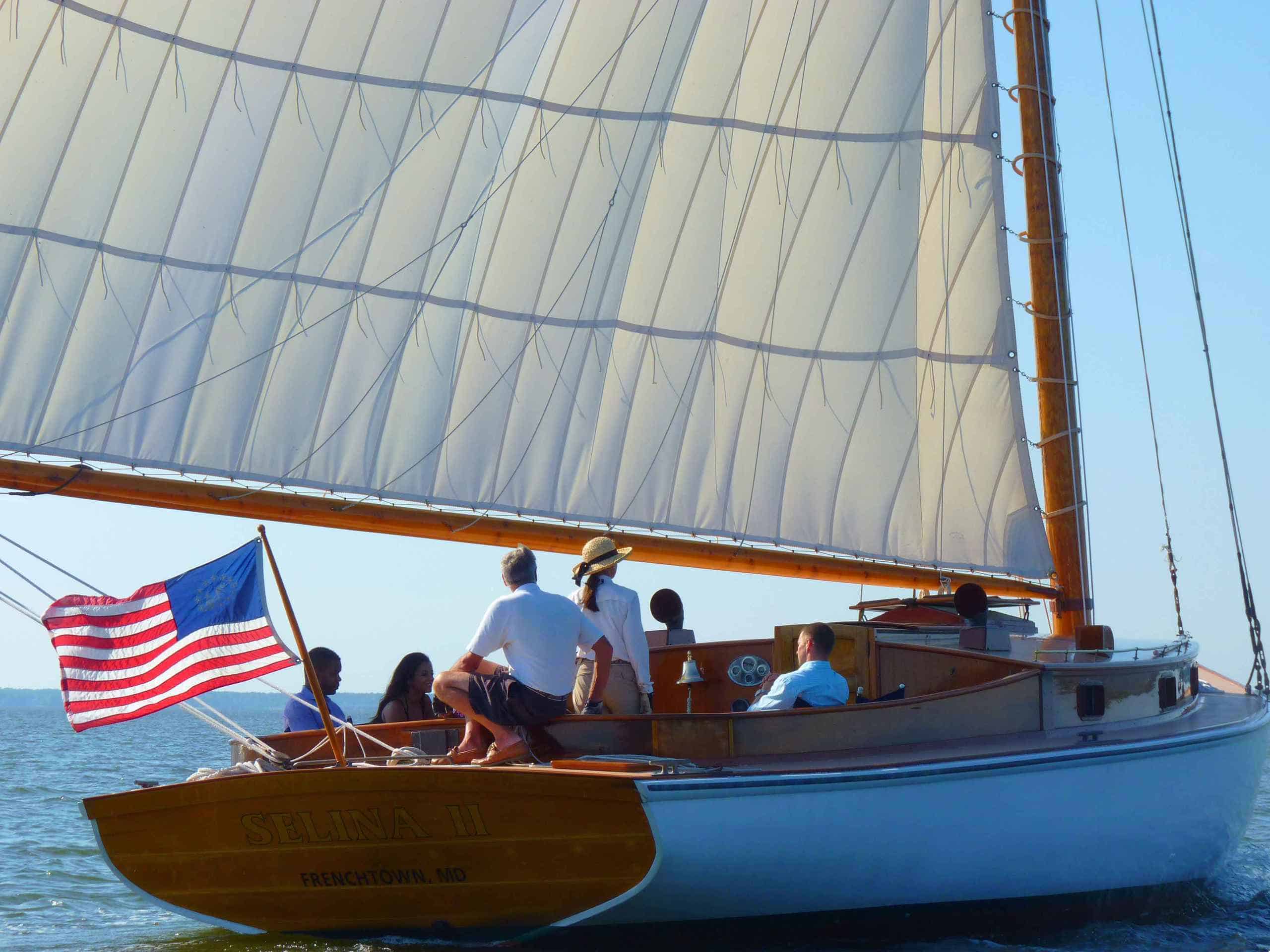 sail selina II st michaels md full sails up ensign in breeze boat tour chesapeake bay small