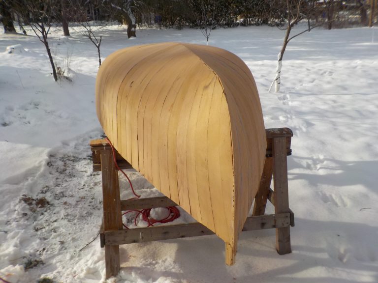 0285 DSCN6611 Mystery Ranch cold moulded chapelle dinghy snow fairing sanding dec 2022 768x576